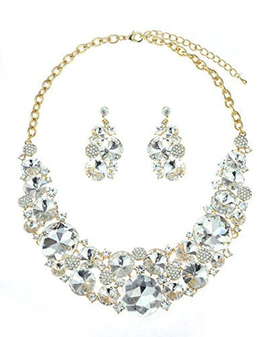 Crystal Ball Accent Round Cut Clear Stone Cluster Necklace and Earrings Set