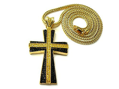 Iced Out Two Stack Pattee Cross Pendant 36" Franco Chain Necklace - Black/Yellow MP667BKYL