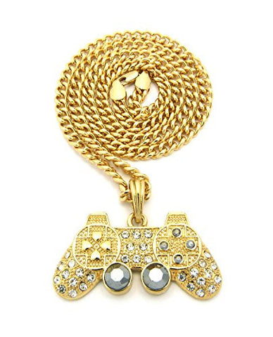 Iced Out Game Controller Micro Pendant with 5mm 24" Cuban Link Chain Necklace in Gold-Tone