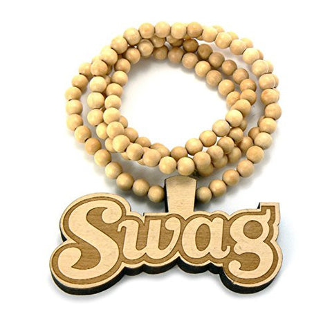 SWAG Wood Pendant 8mm 36" Wooden Bead Chain Necklace in Natural-Tone