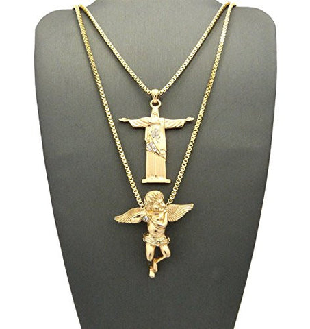 Stone Stud Christ The Redeemer Statue Solitare Angel Pendant Set 2mm 24" 30" Box Chains in Gold-Tone