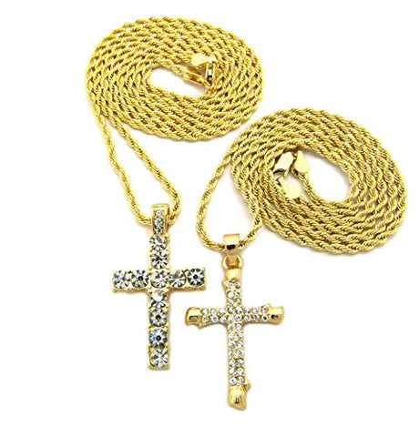 Single Row, Solid Tip Pave Cross 2 Piece Pendant Set with 24" 30" Rope Chain - Gold-Tone