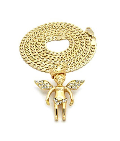 Gold-Tone Pave Crown Angel Pendant w/ 4mm 24" Concave Diamond Cut Cuban Chain Necklace