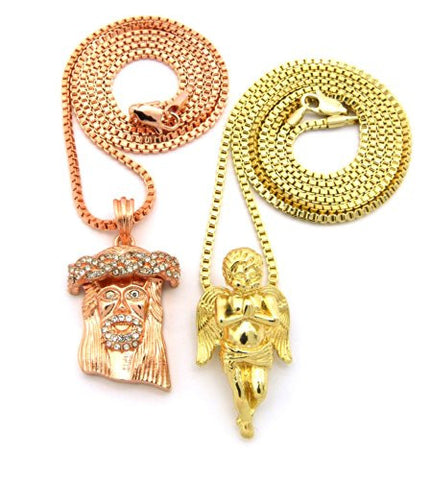 Pave Jesus & Solid Cherub Micro Pendants w/ Box Chains - Two Tone Gold RC290