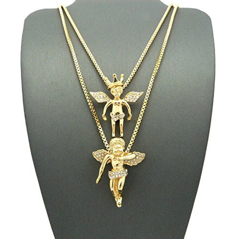 Pave Crown Cherub & Pave Floating Angel Micro Pendant Set 24" 30" Box Chain Necklaces in Gold-Tone