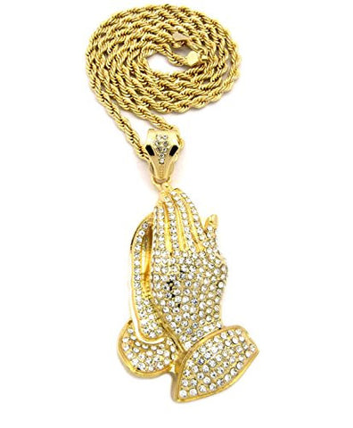 Iced Out Praying Hands Pendant w/ 5mm 30" Rope Chain Necklace in Gold-Tone