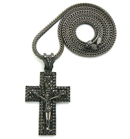 Iced Out Hematite Tone Crucifixion Cross w/ 4mm 36" Franco Chain