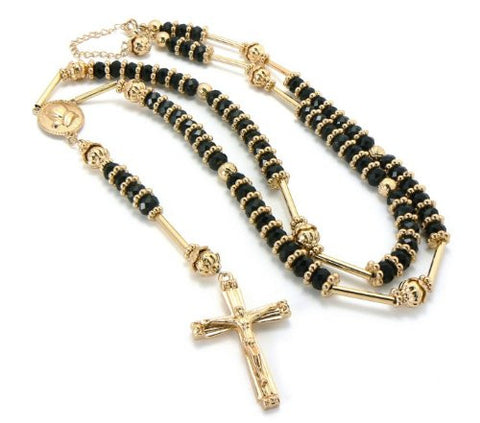 Praying Hands Crucifix Cross 39" Black Glass Bead Rosary Necklace - Gold/Black-Tone HR200GBK