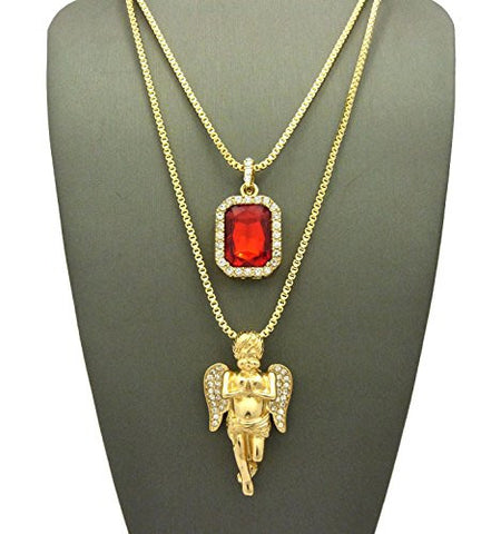 Stone Stud Praying Angel & Faux Ruby Stone Pendant Set 2mm 24" & 30" Box Chain in Gold-Tone