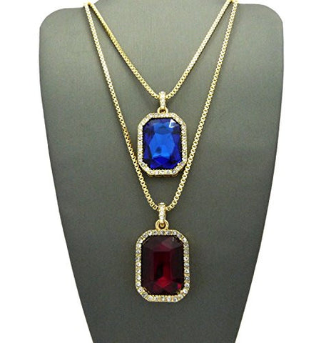 Pave Faux Sapphire & Faux Ruby Stone Pendant Set 2mm 24" & 30" Box Chain Necklaces in Gold-Tone