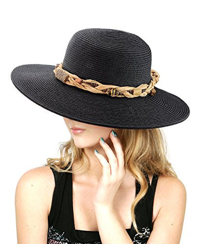 NYfashion101 Women's Stone Beaded Weaved Straw Band Black Panama Sun Hat