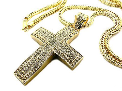 Iced Out 5 Row Thick Cross Pendant with 36" Franco Chain Necklace - Gold-Tone MP536G