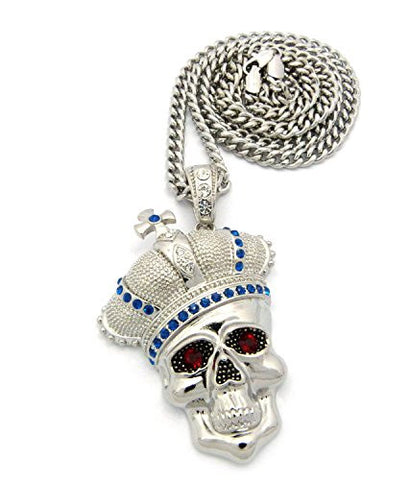 Royal Crown Skull Head Pendant with 6mm 36" Cuban Link Chain - Blue/Silver-Tone
