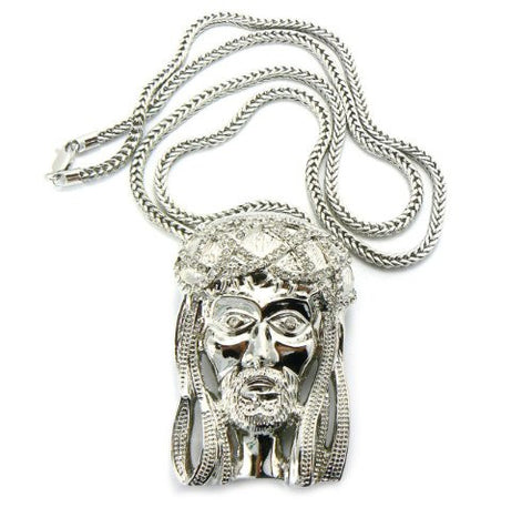 Silver Tone Large Size Jesus Pendant w/ 36" Franco Chain MP457R