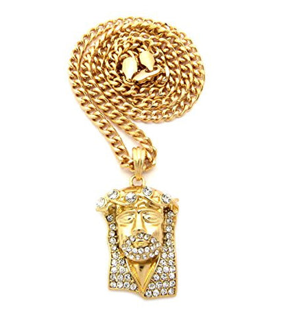 Stone Crown Jesus Pendant 5mm 24" Cuban Link Chain Necklace in Gold-Tone