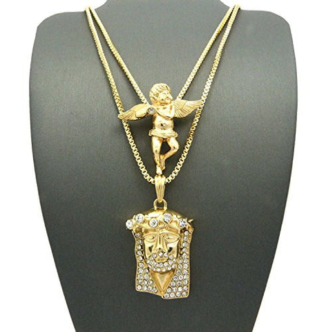 Rhinestone Crown Jesus & Solitaire Angel Pendant Set w/ 24" 30" Box Chains in Gold-Tone
