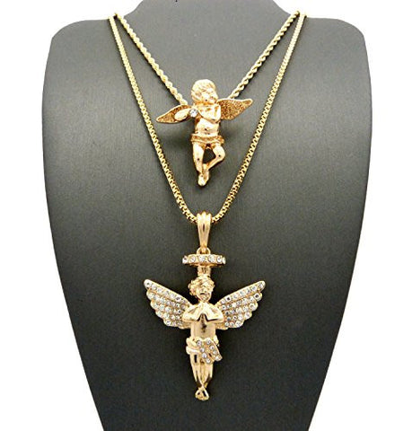 Glimmer Solitaire Cherub & Pave Halo Angel Micro Pendant Set 24" 30" Rope/Box Chains in Gold-Tone