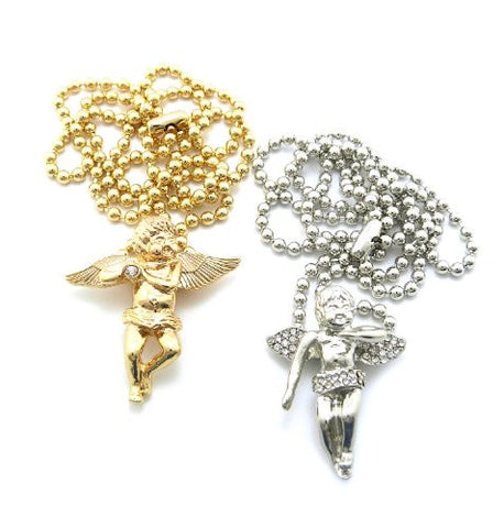 Gold-Tone Soliatire Cherub & Silver-Tone Pave Floating Angel Micro Pendant Set 3mm 27" Ball Chains