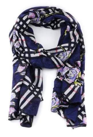 Women's Lightweight Plaid w/ Flower Design Scarf- FLORA