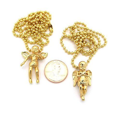 Plain Fly & Praying Angel Micro Pendant Set with 20" 24" Ball Chain Necklaces - Gold-Tone RC469G