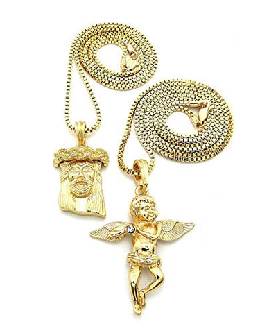 Gold-Tone Cherub Angel Jesus Multi Size Micro Pendant Set E w/ 30" Box Chain