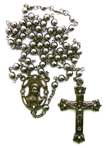 Hematite Tone Mother Mary w/ Jesus Cross Pendant 36" Rosary Necklace R22HE
