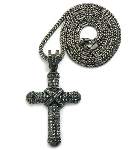 Iced Out Hematite Tone Round Tip Cross w/ 4mm 36" Franco Chain