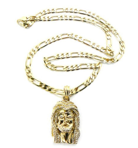 Gold Tone Jesus Face Pendant w/ 5mm 24" Figaro Chain MSP140G