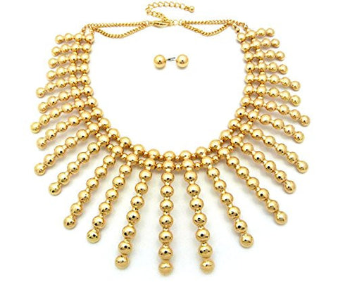 Splash Bead Collar Fashion Necklace with 10mm Ball Earrings in Gold-Tone