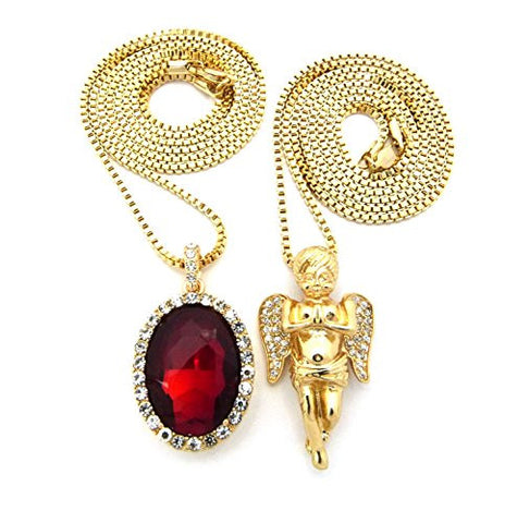 Micro Oval Faux Ruby Stone & Pave Pryaing Angel Pendant 2mm 30" Box Chain Necklace Set - Gold-Tone