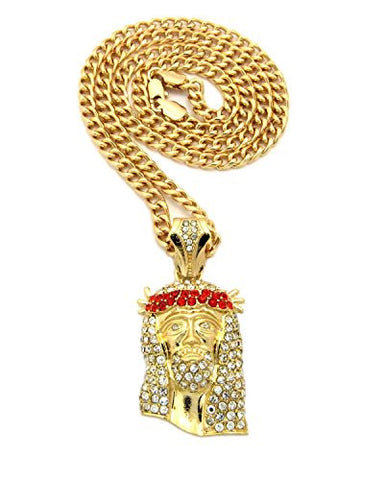 Red Stone Stud Jesus Face Pendant 2.5mm 24" Cuban Link Chain Necklace in Gold-Tone