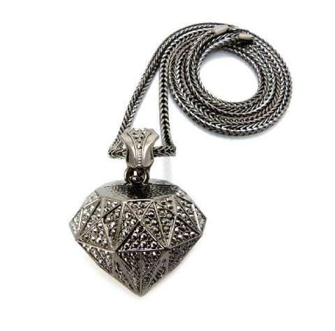 Iced Out 3D Rhinestone Diamond-Pendant with 36" Franco Chain Necklace - Hematite-Tone MP840HE