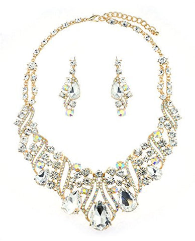 Elegant Teardrop Accent Clear Stone Necklace and Earrings Jewelry Set in Gold-Tone