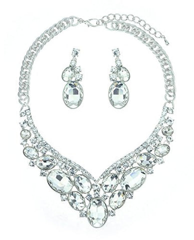 Oval Cut Clear Stone Pave Necklace and Earrings Jewelry Set in Silver-Tone