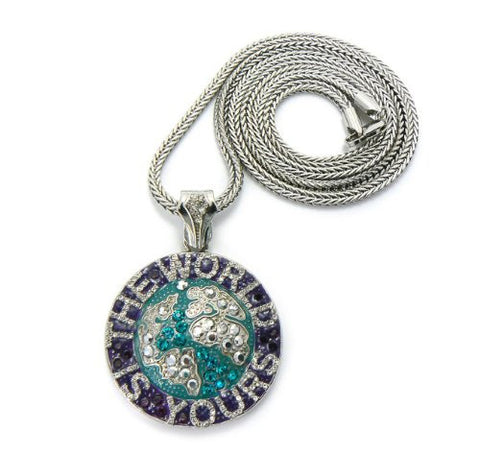 THE WORLD IS YOURS Globe Pendant in Silver Tone w/ 36" Franco Chain GAP19R