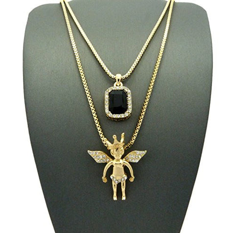 Faux Onyx Stone & Pave Crown Angel Pendant Set 2mm 24" & 30" Box Chain Necklace in Gold-Tone