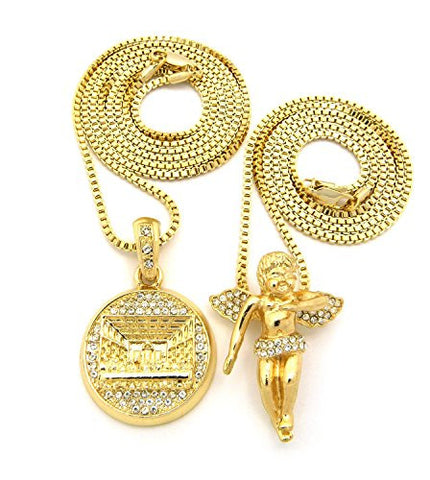 Paved Last Supper and Floating Angel Micro Pendant Set with 24" 30" Box Chain Necklace - Gold-Tone