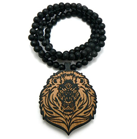 Engraved Lion Head Pendant 36" Wooden Bead Chain Necklace in Two Tone Black XJ93BKNL