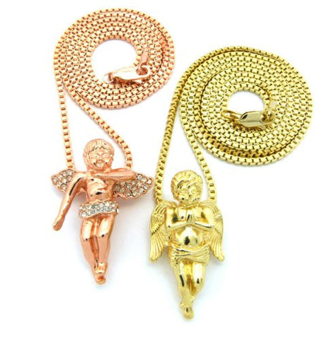 Baby Angel Cherub Micro Pendant Set w/ Varying Box Chains - 2 Tone Gold