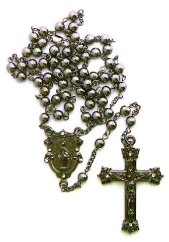 Hematite Tone Mother Mary w/ Jesus Cross Pendant 36" Rosary Necklace R21HE