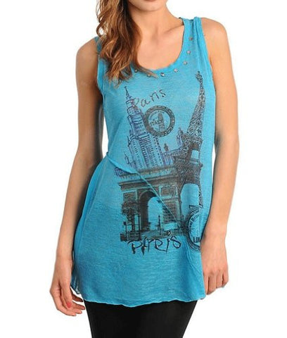 NYfashion101 Sleeveless Scop Neck Graphic Print Tank Top Turquoise