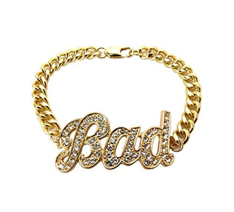 BAD Rhinestone Pave Charm 7.75" Link Bracelet in Gold-Tone
