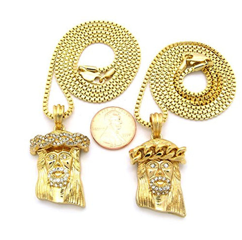 Very Small Crown of Thorns Jesus Pave Micro Pendant Box Chain Necklace Set in Gold-Tone RC466G