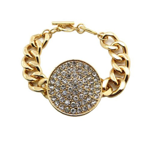 Rhinestone Circle Charm 15mm 7.5" Chain Bracelet in Gold-Tone