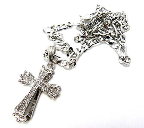 Pave Royal Cross Pendant with 24" Figaro Chain Necklace in Silver-Tone MSP203R