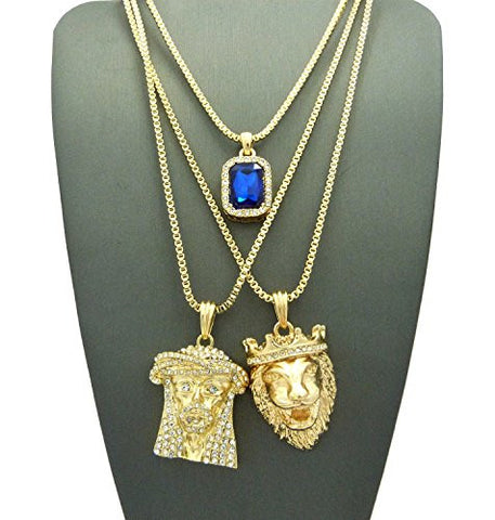 Faux Sapphire Stone, Jesus Head & King Lion Pendant Set w/ Multi Length Box Chains in Gold-Tone