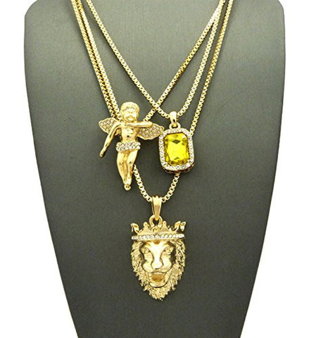 Yellow Stone, Floating Angel & King Lion Pendant Set w/ Multi Length Box Chains in Gold-Tone
