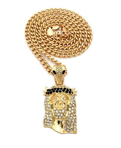 Black Stone Stud Jesus Face Pendant 2.5mm 24" Cuban Link Chain Necklace in Gold-Tone
