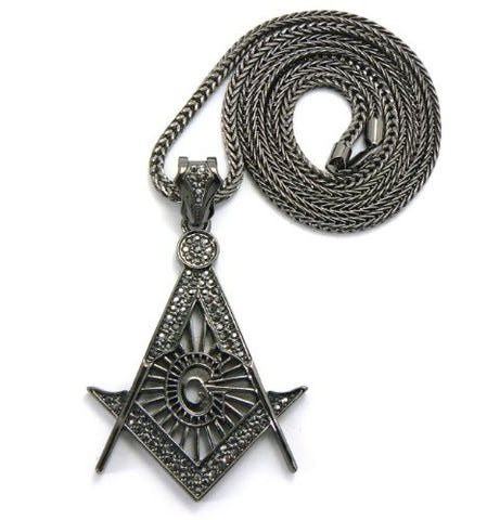 Iced Out Square and Compass Pendant with 36" Franco Chain Necklace in Hematite Tone MP544HE