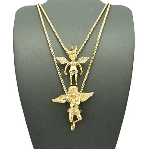 Pave Crown Cherub & Solitaire Angel Micro Pendant Set w/ 24" 30" Box Chain Necklaces in Gold-Tone
